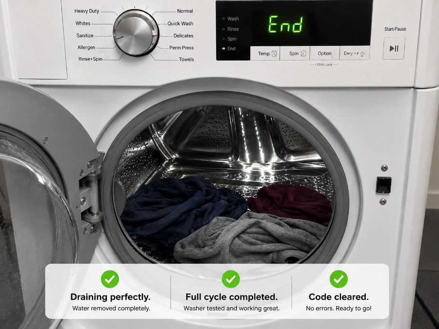 LG front-load washer display showing cycle complete with clean clothes and code cleared, Boiling Springs SC