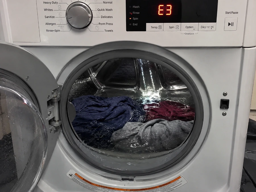LG front-load washer display showing E3 error code with wet clothes still in the drum, Boiling Springs SC