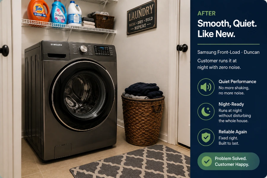 Samsung front-load washer running smoothly and quietly after repair with results panel showing quiet performance and reliability, Duncan SC