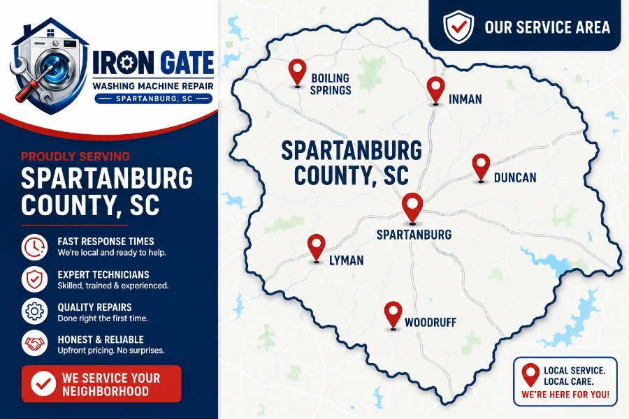 Map of Iron Gate Washing Machine Repair service area covering Spartanburg County, SC — Boiling Springs, Inman, Duncan, Lyman, Spartanburg, and Woodruff