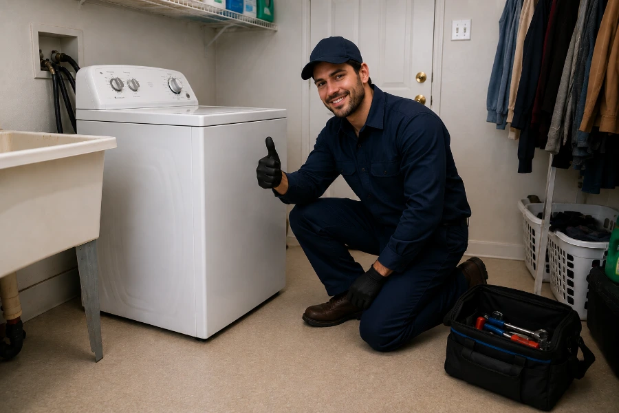 Technician giving thumbs up after fixing top-load washer, Converse Heights SC